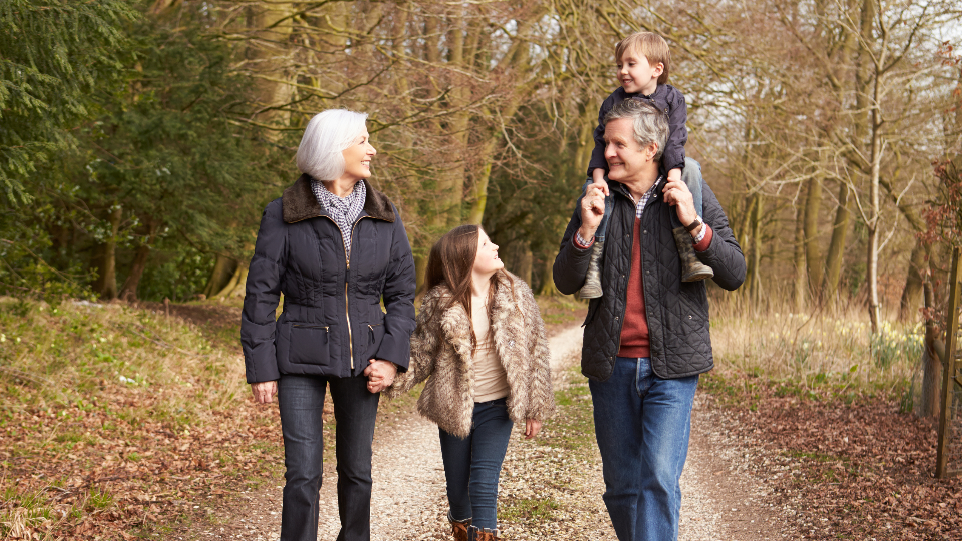 16 grandparents on a walk with grandchildren